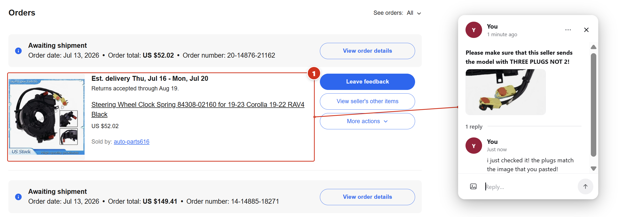 Screenshot: a RADAR NOTE pinned to an order row, with a red line pointing at the item and a reply thread